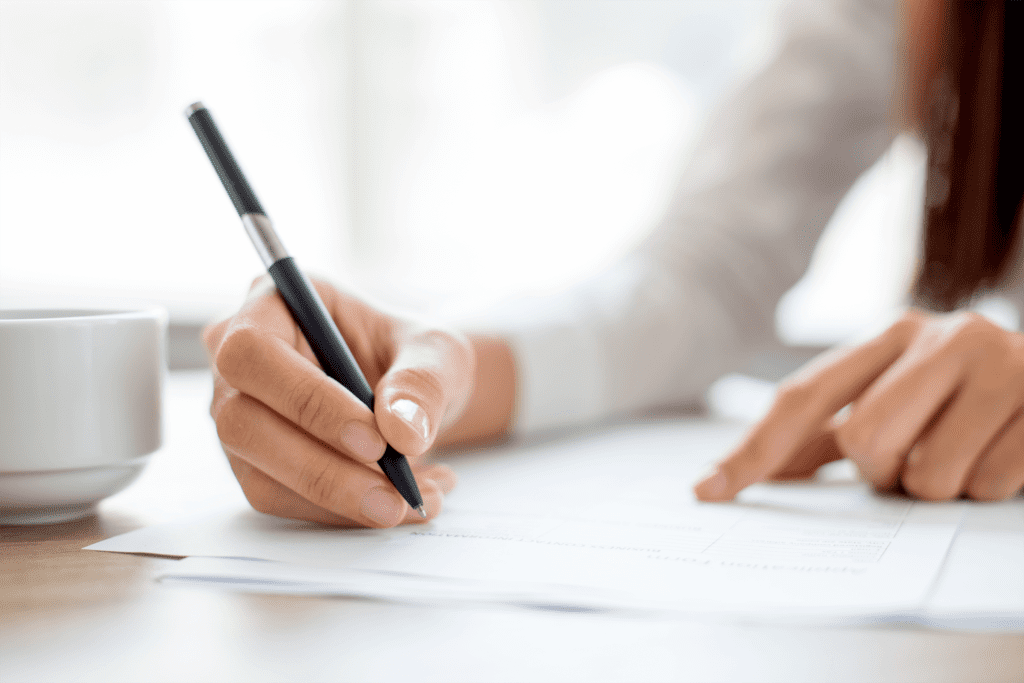 Woman filling out a document