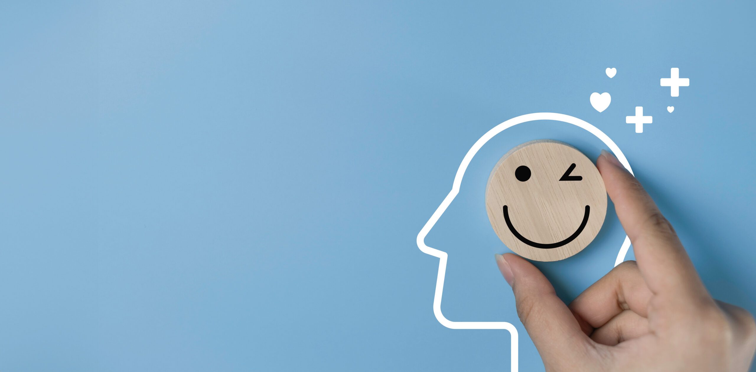 Customer review assessment quality or feedback good mood, Happy mental. Positive thinking and happy smile relax face show in wooden table with emotion happiness feed good.