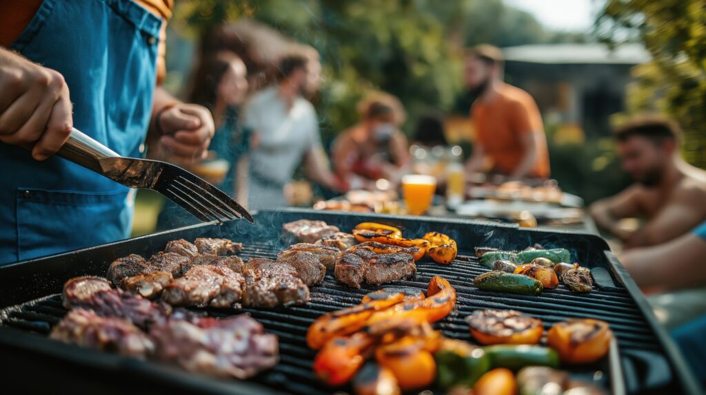 group of people gathered around a barbecue grill. The grill is black and has various food items cooking on it.
