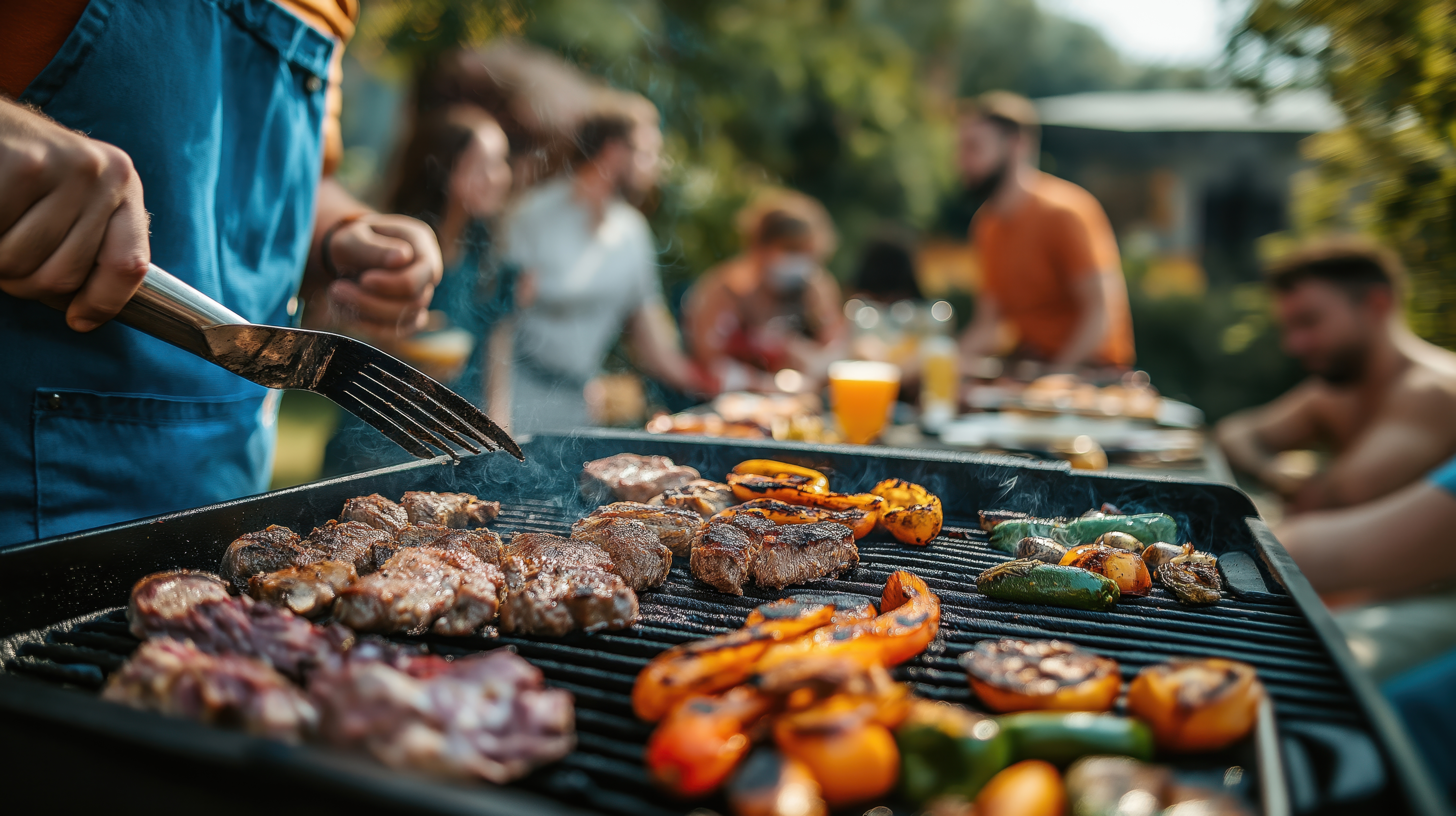 group of people gathered around a barbecue grill. The grill is black and has various food items cooking on it.