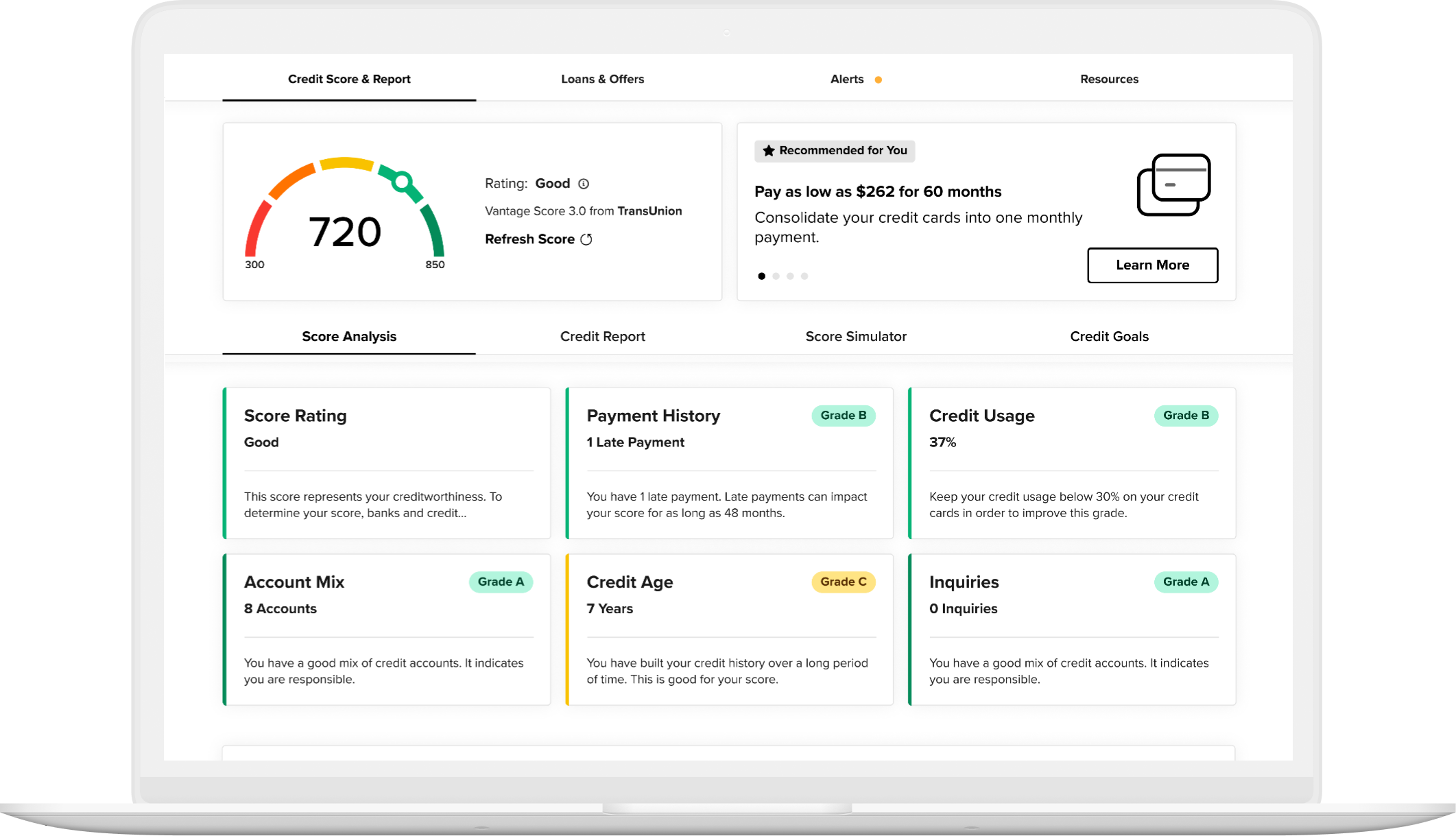 Laptop screen displaying a credit score dashboard. Score is 720 with "Good" rating. Sections show score analysis, payment history, and credit usage.